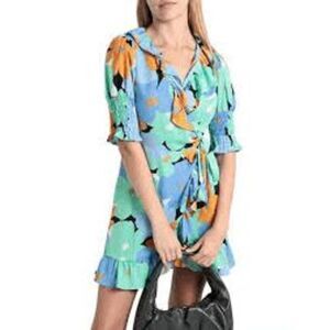 Topshop Womens Floral‎ Print V-Neck Tie Waist Wrap Mini Dress Blue Size US 4